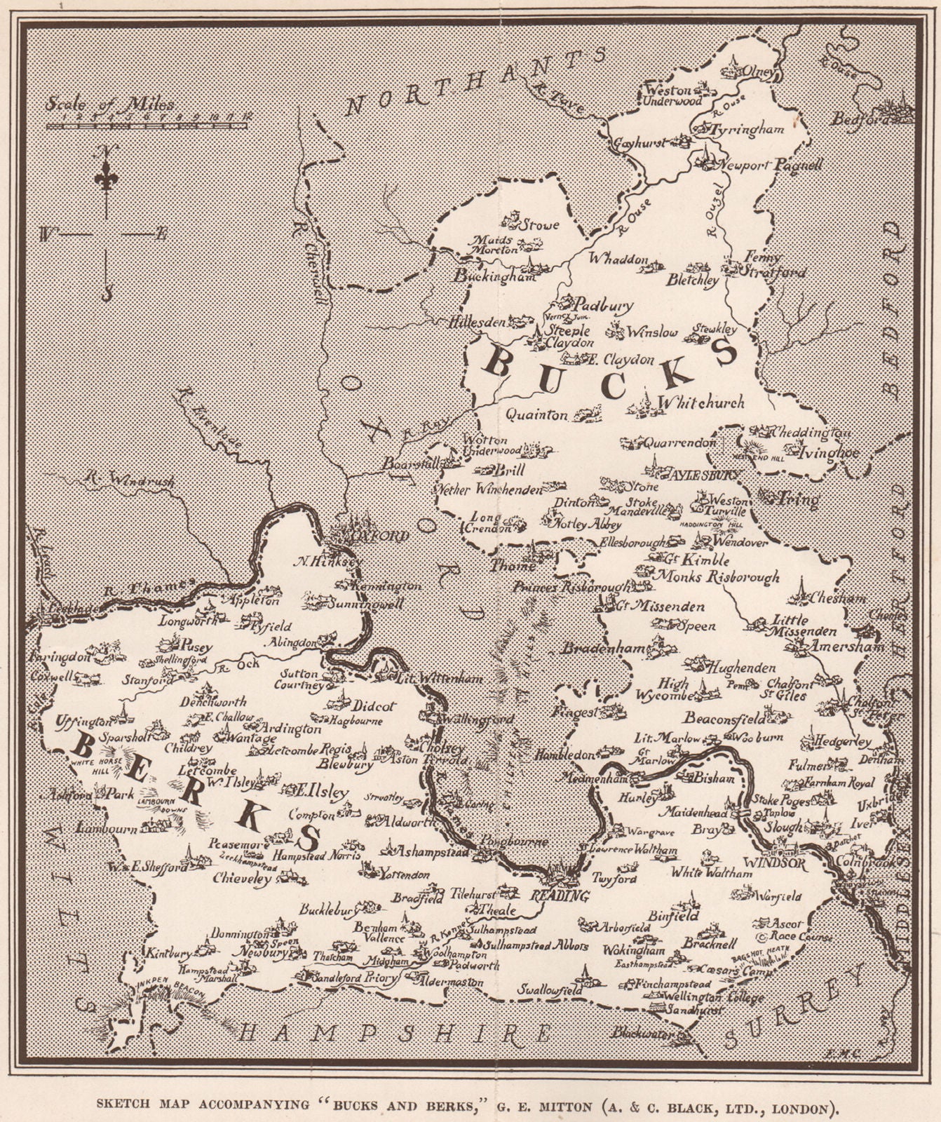Sketch map of Berkshire & Buckinghamshire, by G.E. Mitton 1929 old vintage